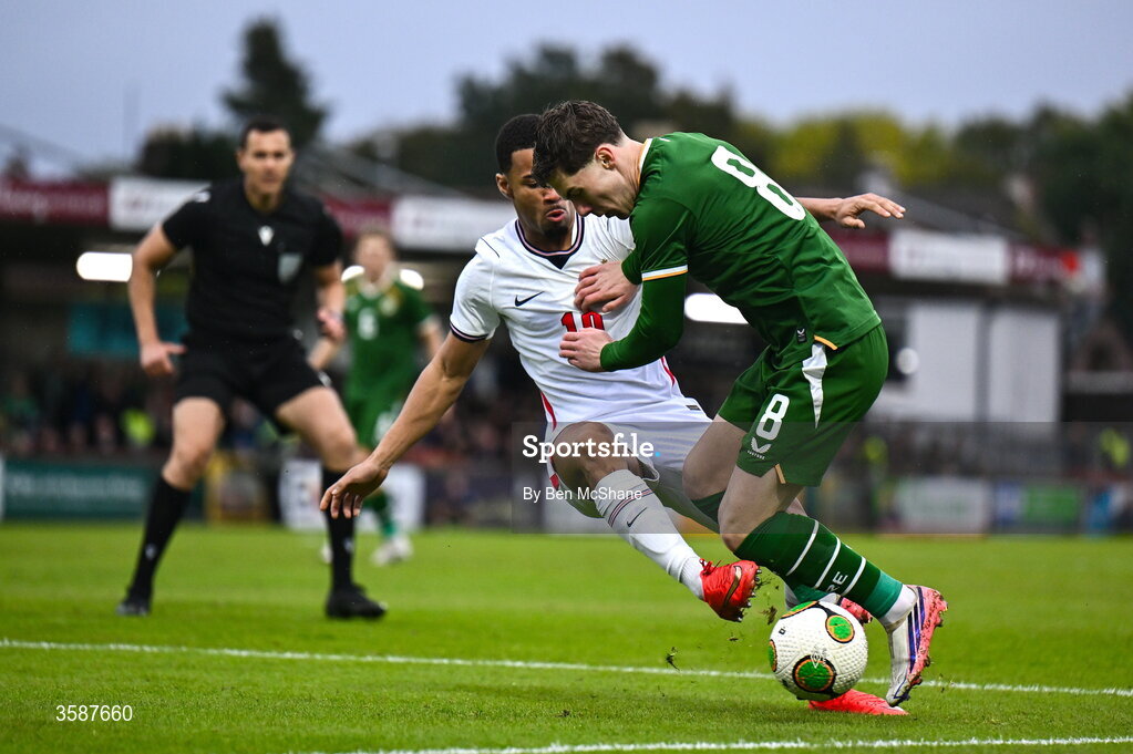 6 October 2026; Jamie Mullins of Republic of Ireland and Ethan Nwaneri of England during the UEFA European U21 Championship qualifier match between the Republic of Ireland and England at Turner's Cross Stadium in Cork. Photo by Ben McShane/Sportsfile