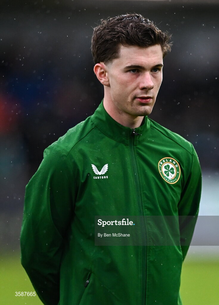 6 October 2026; Jamie Mullins of Republic of Ireland before the UEFA European U21 Championship qualifier match between the Republic of Ireland and England at Turner's Cross Stadium in Cork. Photo by Ben McShane/Sportsfile
