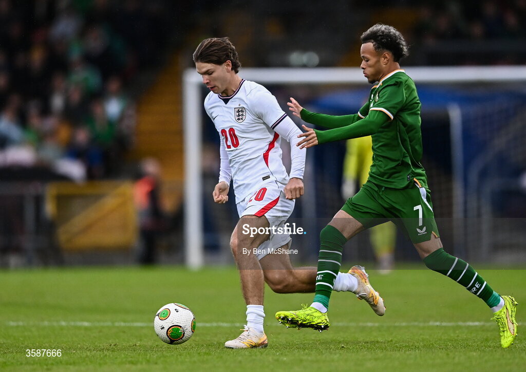 6 October 2026; Tyler Dibling of England and Trent Kone-Doherty of Republic of Ireland during the UEFA European U21 Championship qualifier match between the Republic of Ireland and England at Turner's Cross Stadium in Cork. Photo by Ben McShane/Sportsfile