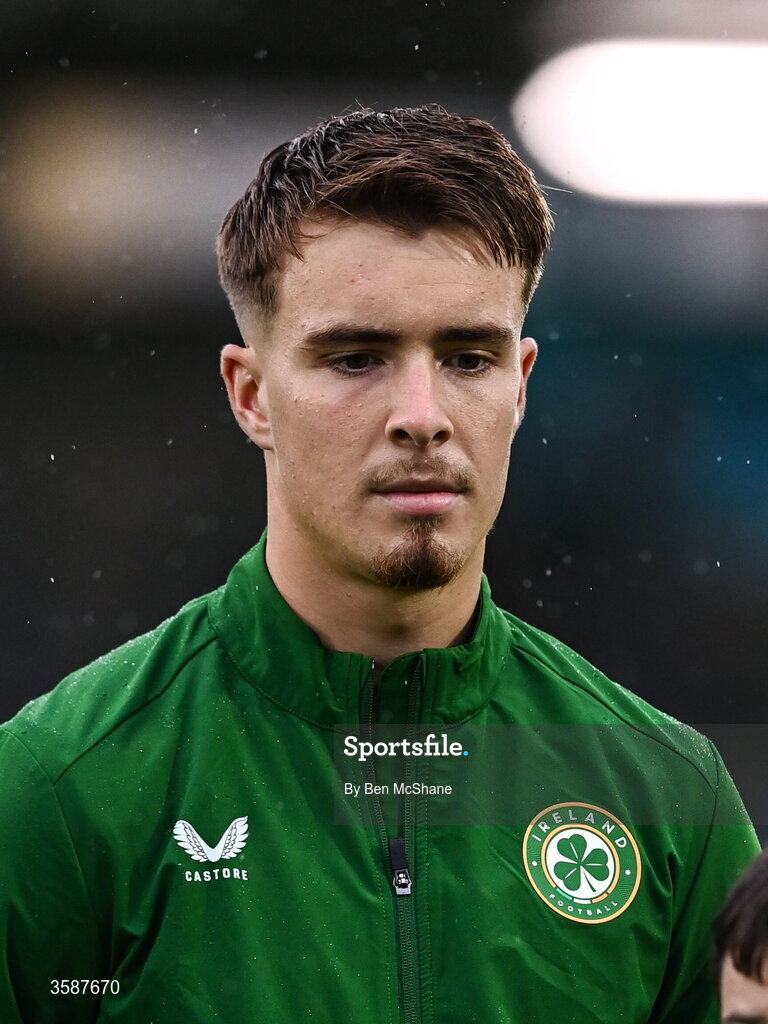 6 October 2026; Tommy Lonergan of Republic of Ireland before the UEFA European U21 Championship qualifier match between the Republic of Ireland and England at Turner's Cross Stadium in Cork. Photo by Ben McShane/Sportsfile