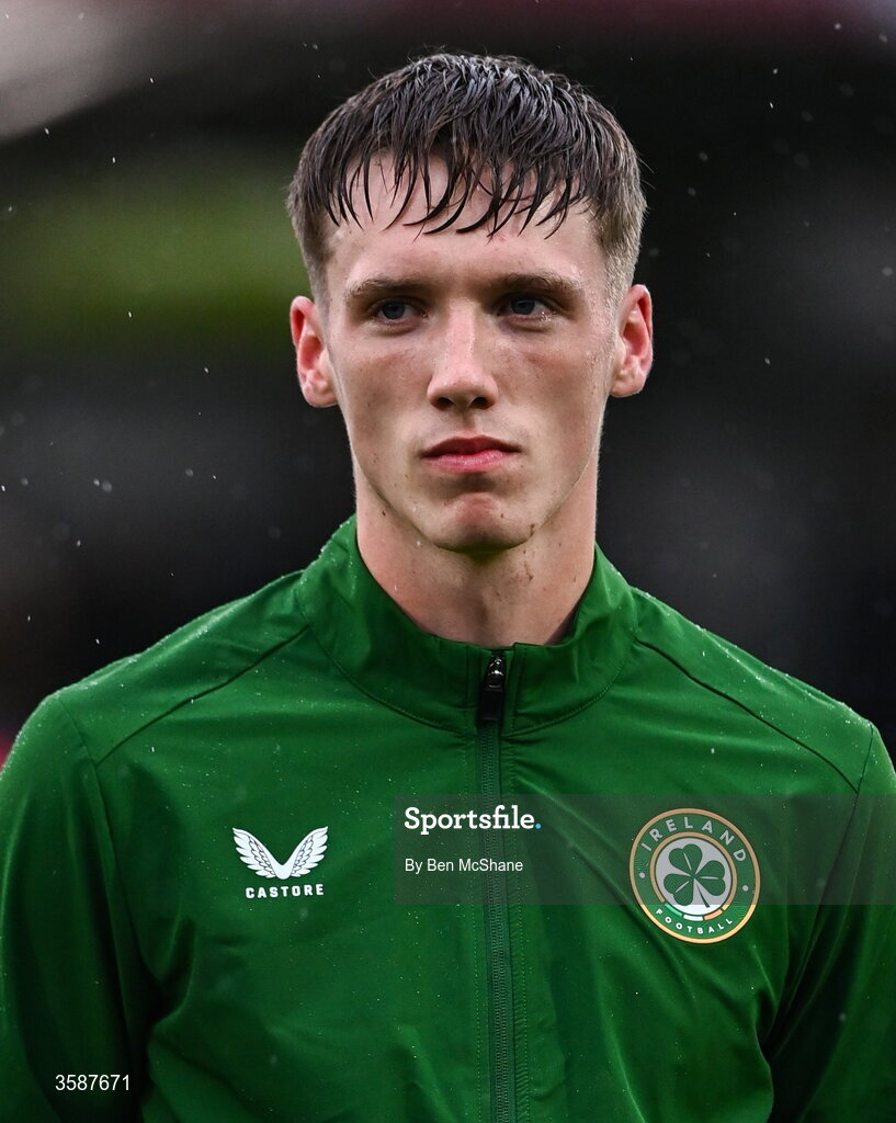 6 October 2026; Oisin Gallagher of Republic of Ireland before the UEFA European U21 Championship qualifier match between the Republic of Ireland and England at Turner's Cross Stadium in Cork. Photo by Ben McShane/Sportsfile