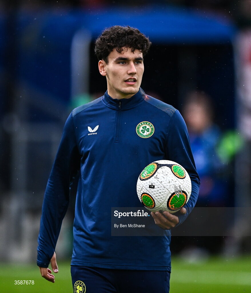 6 October 2026; Kian McMahon-Brown of Republic of Ireland before the UEFA European U21 Championship qualifier match between the Republic of Ireland and England at Turner's Cross Stadium in Cork. Photo by Ben McShane/Sportsfile