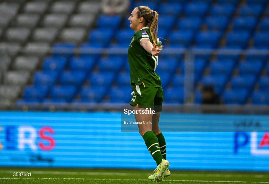 9 October 2026; Kyra Carusa of Republic of Ireland celebrates after scoring her side's third goal during the 2027 FIFA Women’s World Cup qualifying round 1 play-off first leg match between Kazakhstan and the Republic of Ireland at Astana Arena in Kazakhstan. Photo by Shauna Clinton/Sportsfile