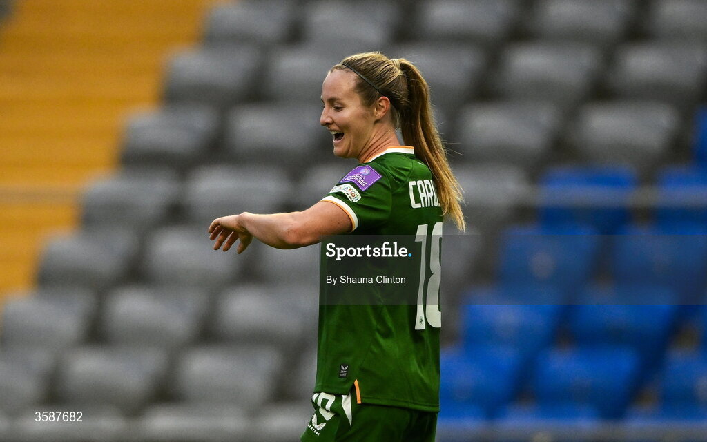 9 October 2026; Kyra Carusa of Republic of Ireland celebrates after scoring her side's third goal during the 2027 FIFA Women’s World Cup qualifying round 1 play-off first leg match between Kazakhstan and the Republic of Ireland at Astana Arena in Kazakhstan. Photo by Shauna Clinton/Sportsfile