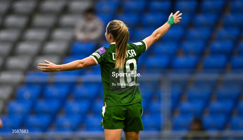 9 October 2026; Kyra Carusa of Republic of Ireland celebrates after scoring her side's third goal during the 2027 FIFA Women’s World Cup qualifying round 1 play-off first leg match between Kazakhstan and the Republic of Ireland at Astana Arena in Kazakhstan. Photo by Shauna Clinton/Sportsfile