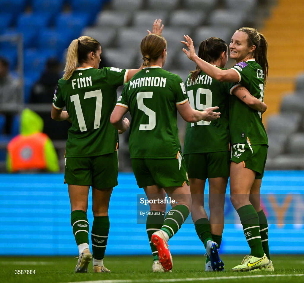 9 October 2026; Kyra Carusa of Republic of Ireland celebrates with team-mates, from left, Jamie Finn, Aoife Mannion and Abbie Larkin after scoring their side's third goal during the 2027 FIFA Women’s World Cup qualifying round 1 play-off first leg match between Kazakhstan and the Republic of Ireland at Astana Arena in Kazakhstan. Photo by Shauna Clinton/Sportsfile