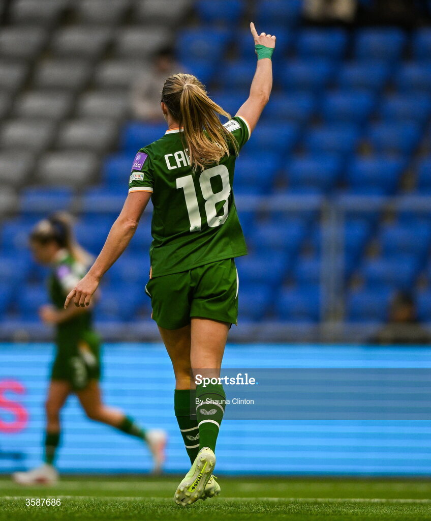 9 October 2026; Kyra Carusa of Republic of Ireland celebrates after scoring her side's third goal during the 2027 FIFA Women’s World Cup qualifying round 1 play-off first leg match between Kazakhstan and the Republic of Ireland at Astana Arena in Kazakhstan. Photo by Shauna Clinton/Sportsfile