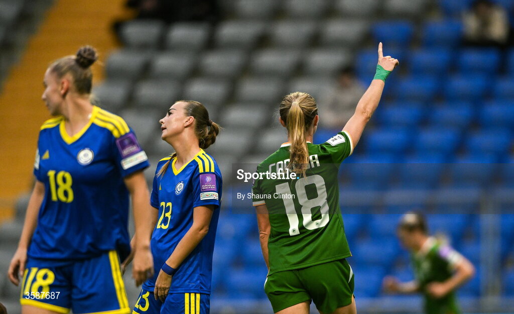 9 October 2026; Kyra Carusa of Republic of Ireland celebrates after scoring her side's third goal during the 2027 FIFA Women’s World Cup qualifying round 1 play-off first leg match between Kazakhstan and the Republic of Ireland at Astana Arena in Kazakhstan. Photo by Shauna Clinton/Sportsfile