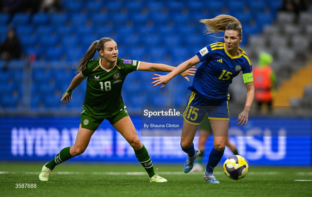 9 October 2026; Yulia Myasnikova of Kazakhstan in action against Kyra Carusa of Republic of Ireland during the 2027 FIFA Women’s World Cup qualifying round 1 play-off first leg match between Kazakhstan and the Republic of Ireland at Astana Arena in Kazakhstan. Photo by Shauna Clinton/Sportsfile