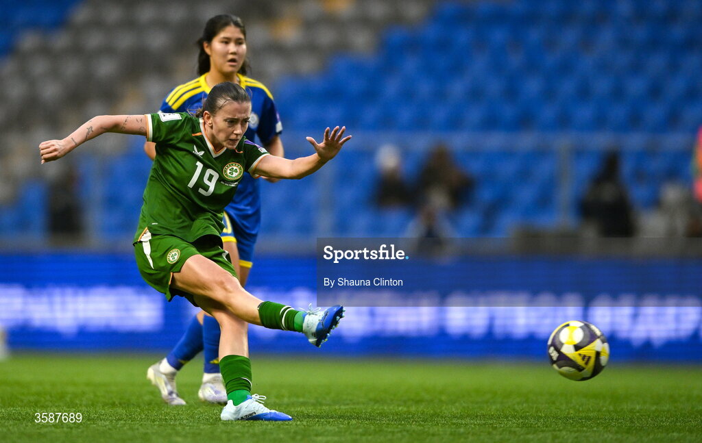 9 October 2026; Abbie Larkin of Republic of Ireland has an attempt on goal during the 2027 FIFA Women’s World Cup qualifying round 1 play-off first leg match between Kazakhstan and the Republic of Ireland at Astana Arena in Kazakhstan. Photo by Shauna Clinton/Sportsfile