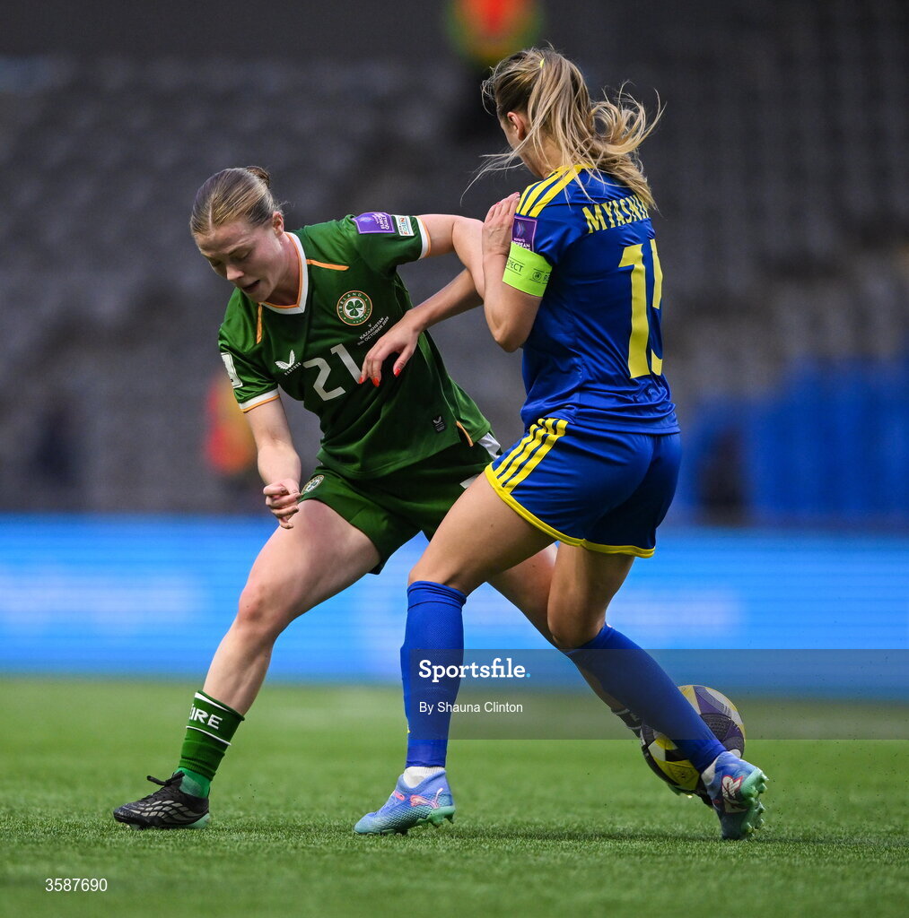 9 October 2026; Emily Murphy of Republic of Ireland is tackled by Yulia Myasnikova of Kazakhstan during the 2027 FIFA Women’s World Cup qualifying round 1 play-off first leg match between Kazakhstan and the Republic of Ireland at Astana Arena in Kazakhstan. Photo by Shauna Clinton/Sportsfile
