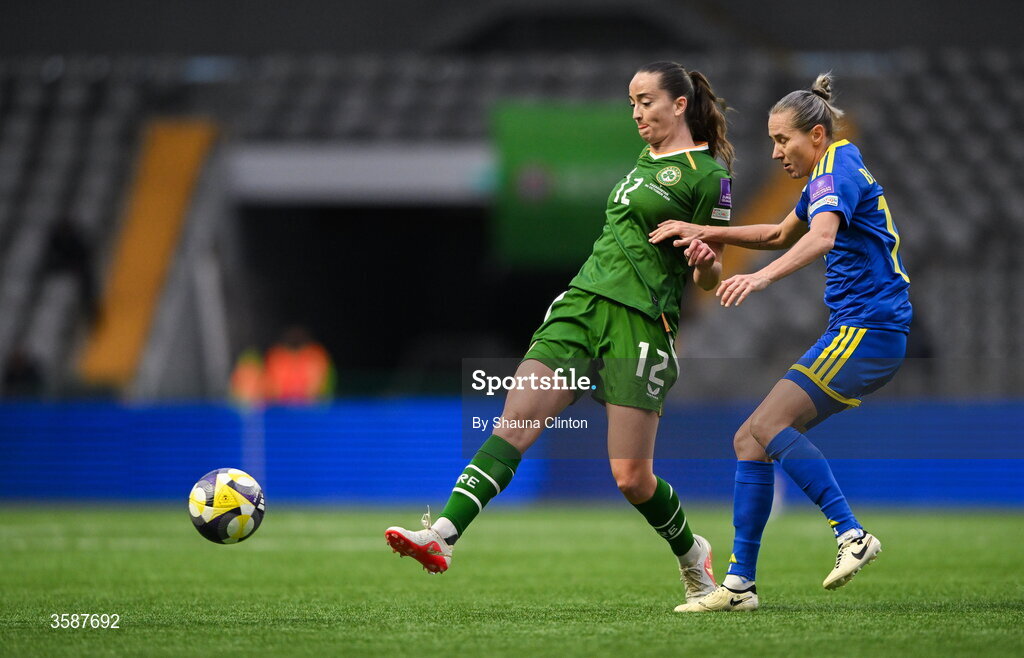 9 October 2026; Anna Patten of Republic of Ireland in action against Yekaterina Babshuk of Kazakhstan during the 2027 FIFA Women’s World Cup qualifying round 1 play-off first leg match between Kazakhstan and the Republic of Ireland at Astana Arena in Kazakhstan. Photo by Shauna Clinton/Sportsfile