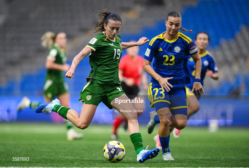 9 October 2026; Abbie Larkin of Republic of Ireland in action against Anastassiya Vlassova of Kazakhstan during the 2027 FIFA Women’s World Cup qualifying round 1 play-off first leg match between Kazakhstan and the Republic of Ireland at Astana Arena in Kazakhstan. Photo by Shauna Clinton/Sportsfile