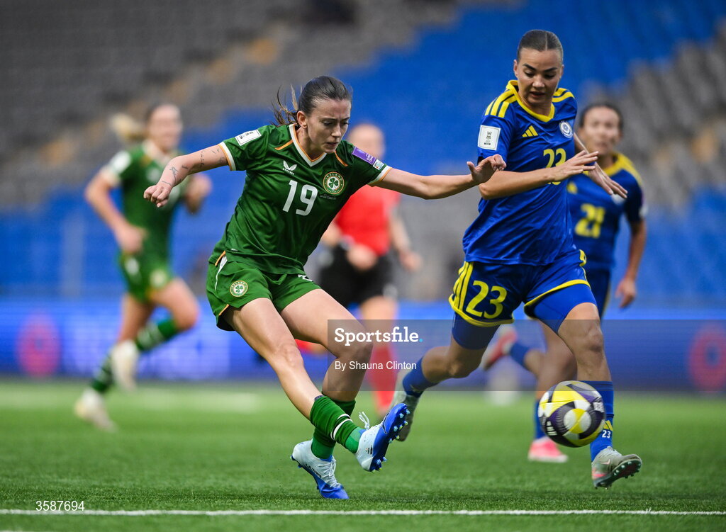 9 October 2026; Abbie Larkin of Republic of Ireland in action against Anastassiya Vlassova of Kazakhstan during the 2027 FIFA Women’s World Cup qualifying round 1 play-off first leg match between Kazakhstan and the Republic of Ireland at Astana Arena in Kazakhstan. Photo by Shauna Clinton/Sportsfile