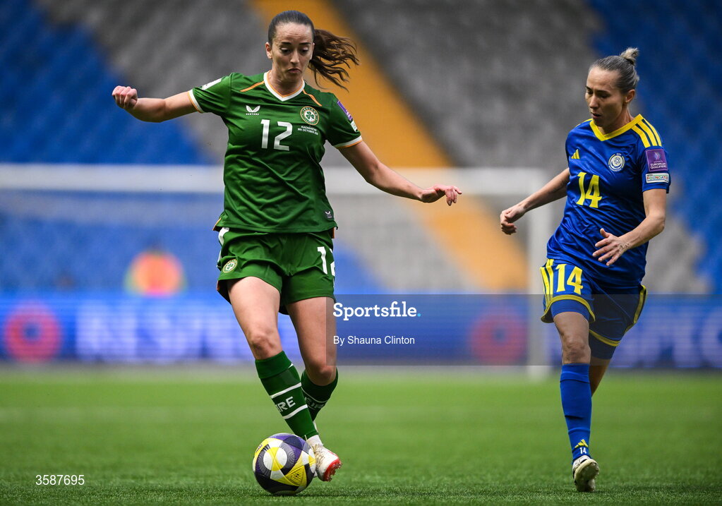 9 October 2026; Anna Patten of Republic of Ireland in action against Yekaterina Babshuk of Kazakhstan during the 2027 FIFA Women’s World Cup qualifying round 1 play-off first leg match between Kazakhstan and the Republic of Ireland at Astana Arena in Kazakhstan. Photo by Shauna Clinton/Sportsfile