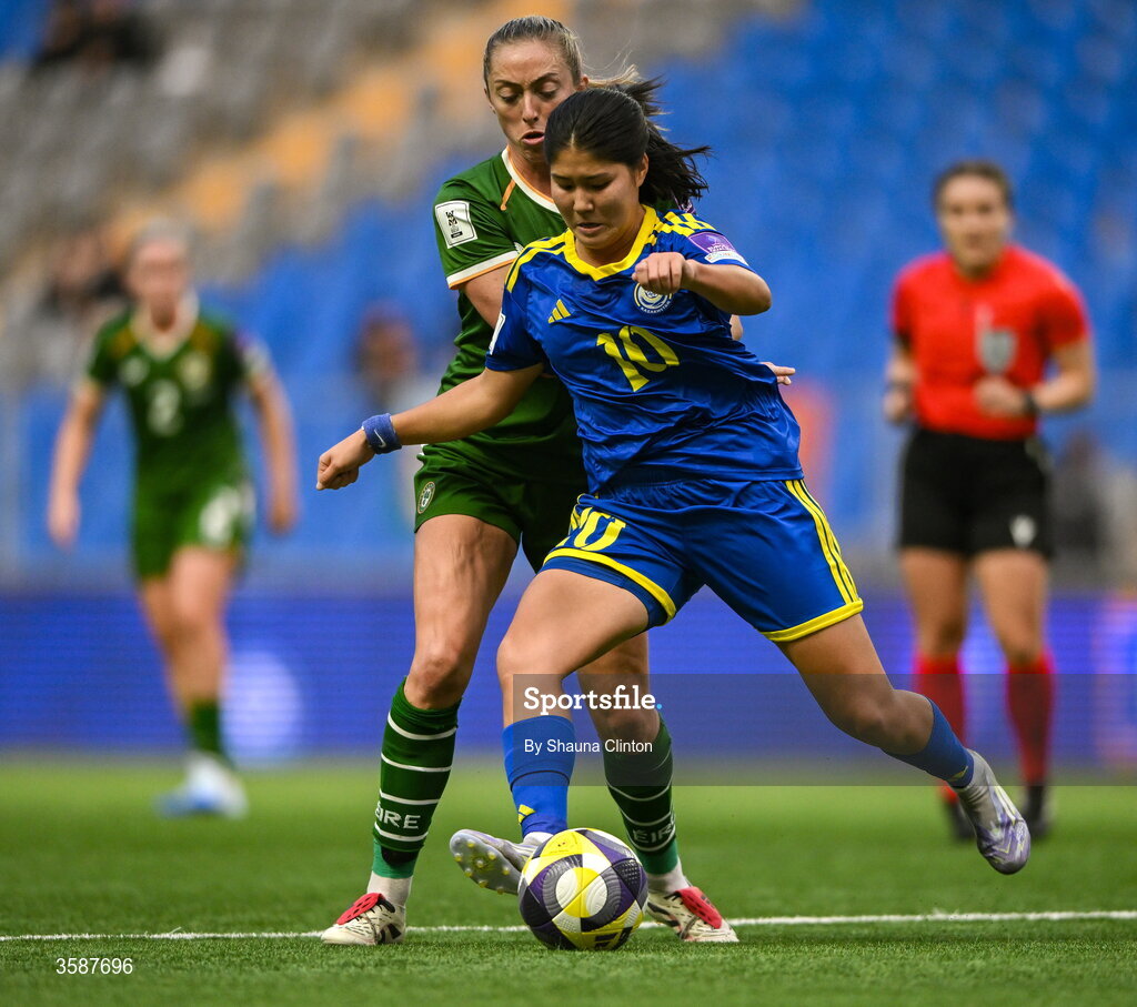 9 October 2026; Amina Bibossynova of Kazakhstan in action against Megan Connolly of Republic of Ireland during the 2027 FIFA Women’s World Cup qualifying round 1 play-off first leg match between Kazakhstan and the Republic of Ireland at Astana Arena in Kazakhstan. Photo by Shauna Clinton/Sportsfile