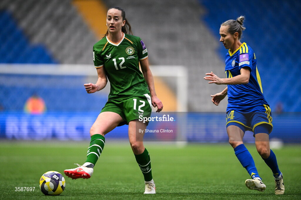 9 October 2026; Anna Patten of Republic of Ireland in action against Yekaterina Babshuk of Kazakhstan during the 2027 FIFA Women’s World Cup qualifying round 1 play-off first leg match between Kazakhstan and the Republic of Ireland at Astana Arena in Kazakhstan. Photo by Shauna Clinton/Sportsfile