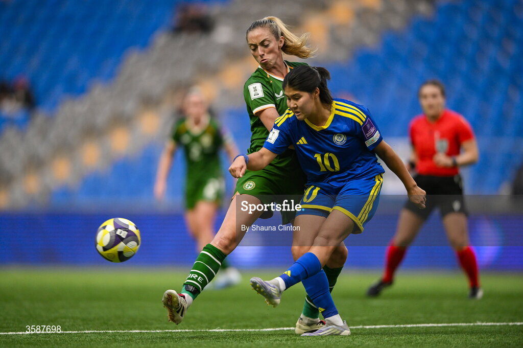 9 October 2026; Amina Bibossynova of Kazakhstan in action against Megan Connolly of Republic of Ireland during the 2027 FIFA Women’s World Cup qualifying round 1 play-off first leg match between Kazakhstan and the Republic of Ireland at Astana Arena in Kazakhstan. Photo by Shauna Clinton/Sportsfile