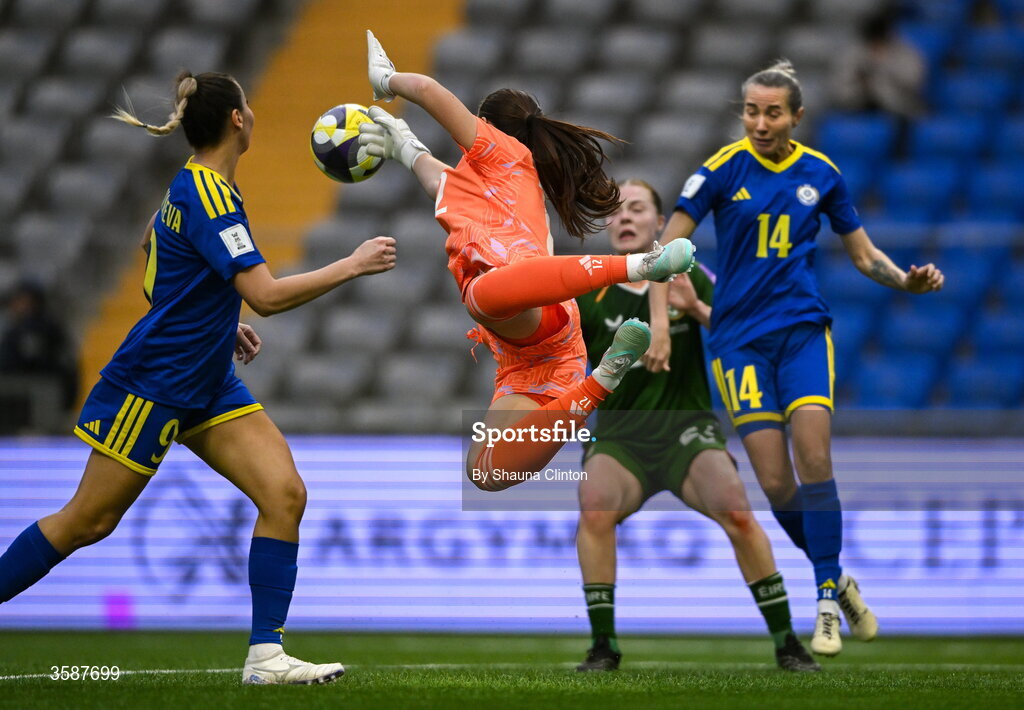 9 October 2026; Kazakhstan goalkeeper Nazym Ismailova makes a save during the 2027 FIFA Women’s World Cup qualifying round 1 play-off first leg match between Kazakhstan and the Republic of Ireland at Astana Arena in Kazakhstan. Photo by Shauna Clinton/Sportsfile