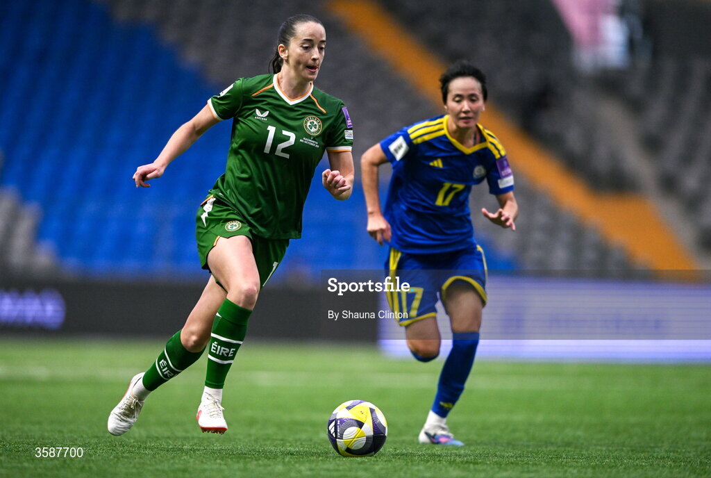 9 October 2026; Anna Patten of Republic of Ireland in action against Karina Zhumabaikyzy of Kazakhstan during the 2027 FIFA Women’s World Cup qualifying round 1 play-off first leg match between Kazakhstan and the Republic of Ireland at Astana Arena in Kazakhstan. Photo by Shauna Clinton/Sportsfile