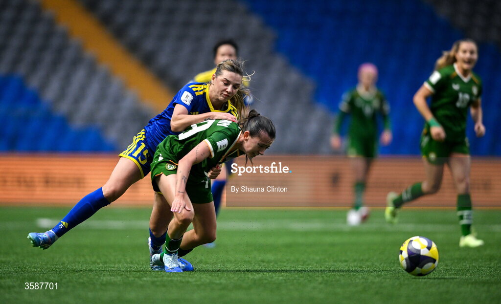 9 October 2026; Abbie Larkin of Republic of Ireland is fouled by Yulia Myasnikova of Kazakhstan, which resulted in a red card being shown to Yulia Myasnikova of Kazakhstan during the 2027 FIFA Women’s World Cup qualifying round 1 play-off first leg match between Kazakhstan and the Republic of Ireland at Astana Arena in Kazakhstan. Photo by Shauna Clinton/Sportsfile