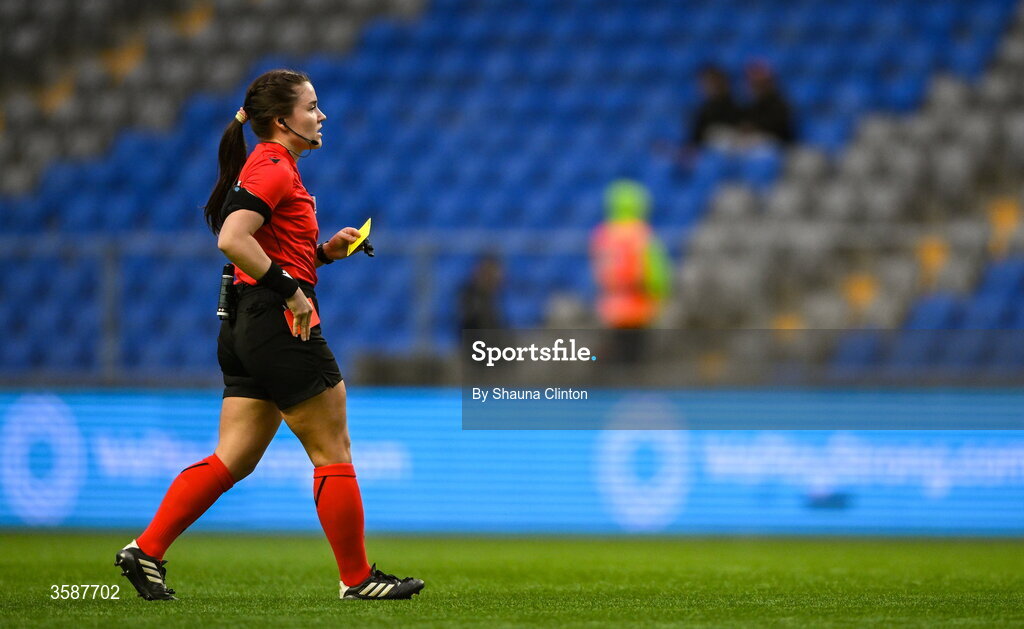 9 October 2026; Referee Karoline Marie Jensen during the 2027 FIFA Women’s World Cup qualifying round 1 play-off first leg match between Kazakhstan and the Republic of Ireland at Astana Arena in Kazakhstan. Photo by Shauna Clinton/Sportsfile