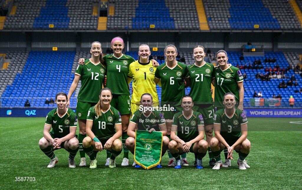 9 October 2026; The Republic of Ireland team back row, from left, Anna Patten, Caitlin Hayes, captain Courtney Brosnan, Megan Connolly, Emily Murphy and Jamie Finn, front row, from left, Aoife Mannion, Denise O'Sullivan, Jessie Stapleton, Abbie Larkin and Chloe Mustaki before the 2027 FIFA Women’s World Cup qualifying round 1 play-off first leg match between Kazakhstan and the Republic of Ireland at Astana Arena in Kazakhstan. Photo by Shauna Clinton/Sportsfile