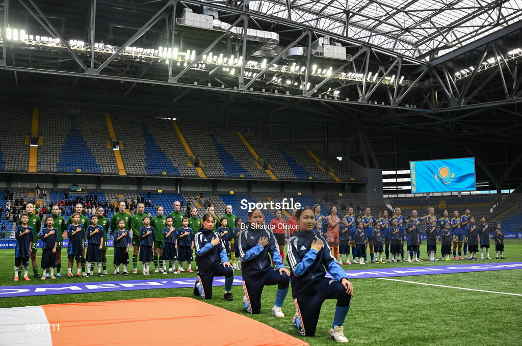 9 October 2026; Players from both sides stand for the playing of the national anthems before the 2027 FIFA Women’s World Cup qualifying round 1 play-off first leg match between Kazakhstan and the Republic of Ireland at Astana Arena in Kazakhstan. Photo by Shauna Clinton/Sportsfile