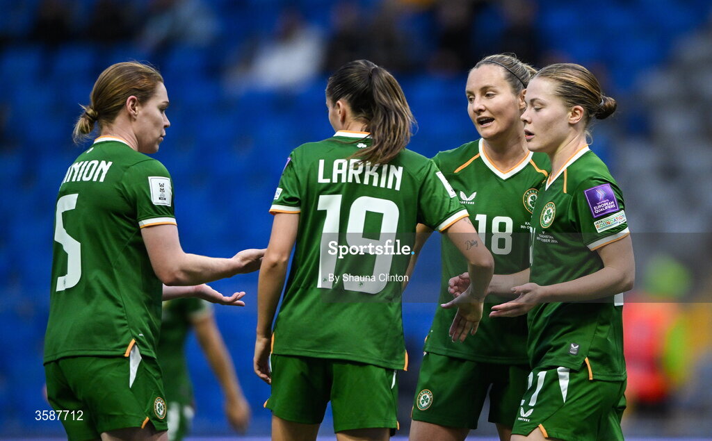 9 October 2026; Emily Murphy of Republic of Ireland, right, celebrates with team-mates, from left, Aoife Mannion, Abbie Larkin and Kyra Carusa after scoring their side's fourth goal during the 2027 FIFA Women’s World Cup qualifying round 1 play-off first leg match between Kazakhstan and the Republic of Ireland at Astana Arena in Kazakhstan. Photo by Shauna Clinton/Sportsfile