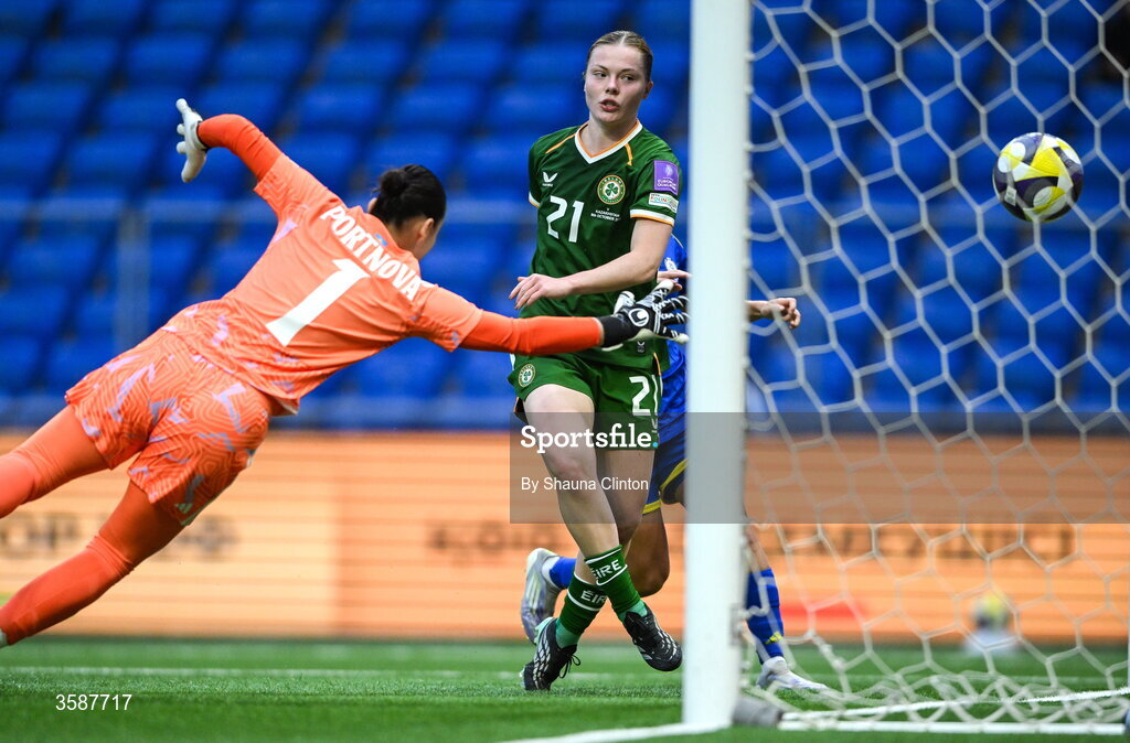 9 October 2026; Emily Murphy of Republic of Ireland shoots to score her side's fourth goal as Kazakhstan goalkeeper Angelina Portnova attempts to make a save during the 2027 FIFA Women’s World Cup qualifying round 1 play-off first leg match between Kazakhstan and the Republic of Ireland at Astana Arena in Kazakhstan. Photo by Shauna Clinton/Sportsfile