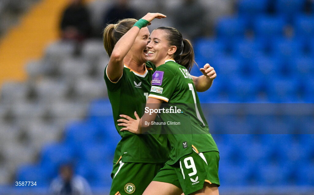 9 October 2026; Abbie Larkin of Republic of Ireland, right, celebrates with team-mate Kyra Carusa after scoring their side's fifth goal during the 2027 FIFA Women’s World Cup qualifying round 1 play-off first leg match between Kazakhstan and the Republic of Ireland at Astana Arena in Kazakhstan. Photo by Shauna Clinton/Sportsfile