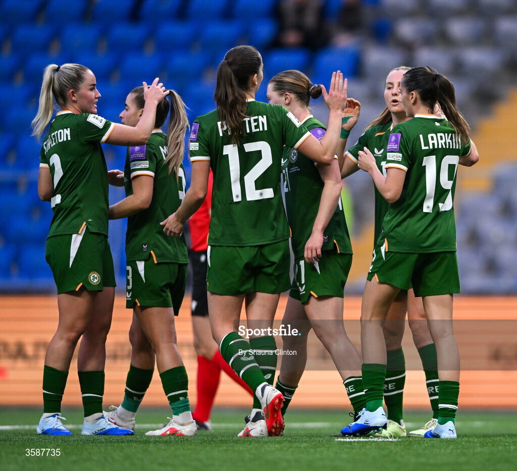 9 October 2026; Abbie Larkin of Republic of Ireland, right, celebrates with team-mates after scoring their side's fifth goal during the 2027 FIFA Women’s World Cup qualifying round 1 play-off first leg match between Kazakhstan and the Republic of Ireland at Astana Arena in Kazakhstan. Photo by Shauna Clinton/Sportsfile