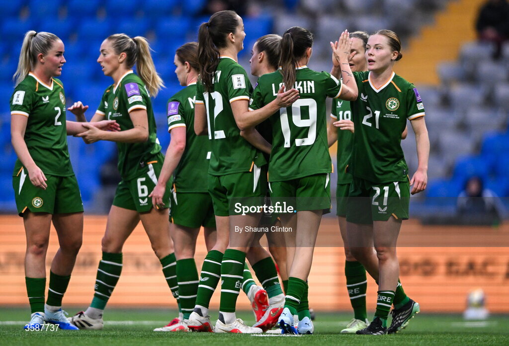 9 October 2026; Abbie Larkin of Republic of Ireland, second from right, celebrates with team-mates including Emily Murphy, right, after scoring their side's fifth goal during the 2027 FIFA Women’s World Cup qualifying round 1 play-off first leg match between Kazakhstan and the Republic of Ireland at Astana Arena in Kazakhstan. Photo by Shauna Clinton/Sportsfile