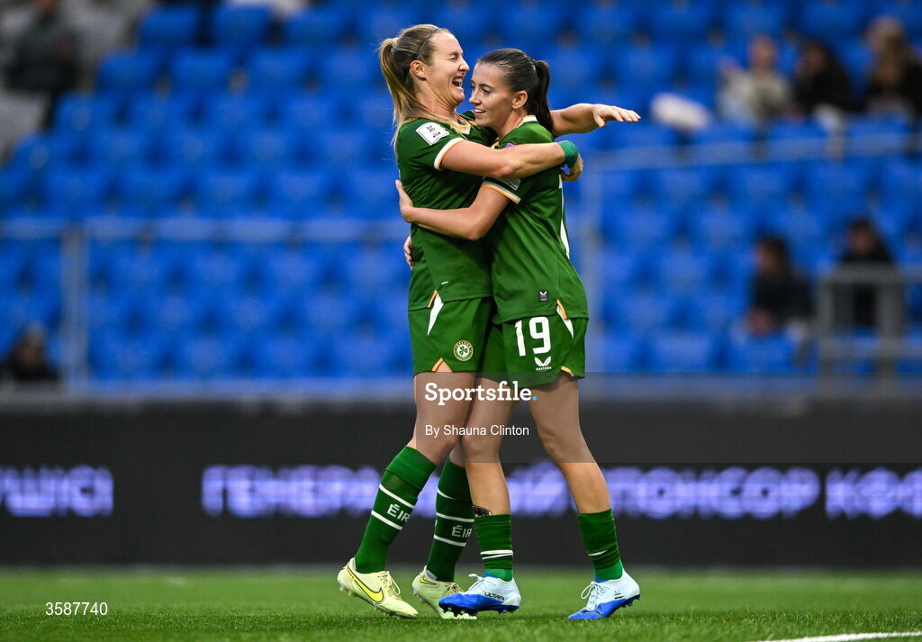 9 October 2026; Abbie Larkin of Republic of Ireland, right, celebrates with team-mate Kyra Carusa after scoring their side's fifth goal during the 2027 FIFA Women’s World Cup qualifying round 1 play-off first leg match between Kazakhstan and the Republic of Ireland at Astana Arena in Kazakhstan. Photo by Shauna Clinton/Sportsfile