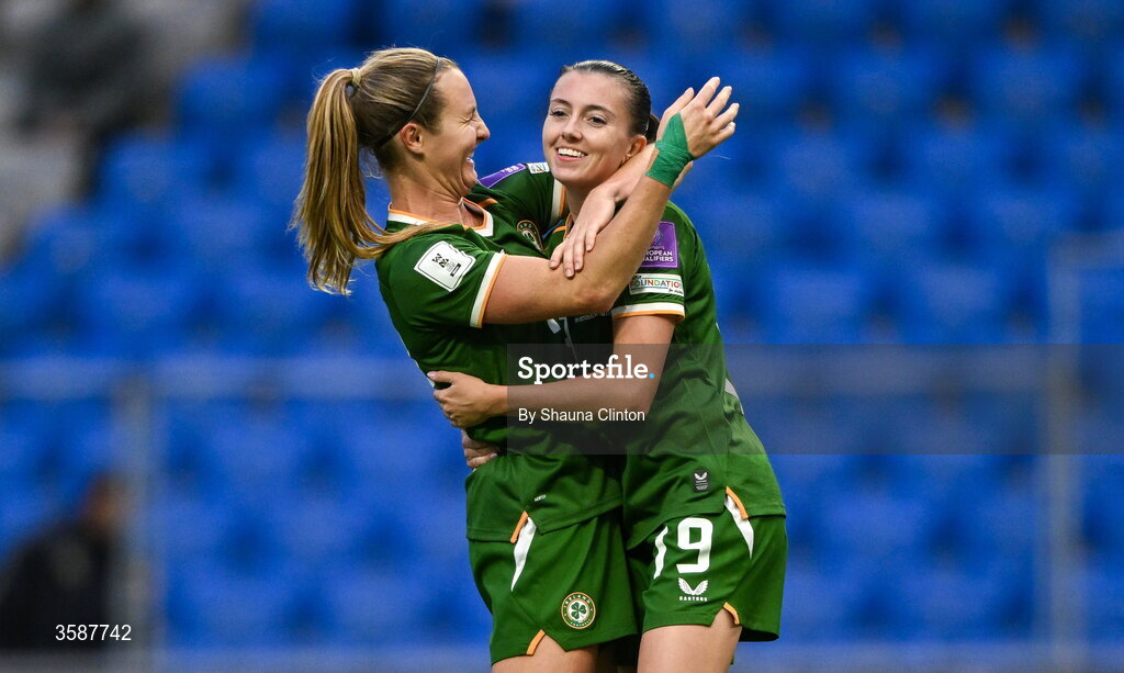 9 October 2026; Abbie Larkin of Republic of Ireland, right, celebrates with team-mate Kyra Carusa after scoring their side's fifth goal during the 2027 FIFA Women’s World Cup qualifying round 1 play-off first leg match between Kazakhstan and the Republic of Ireland at Astana Arena in Kazakhstan. Photo by Shauna Clinton/Sportsfile