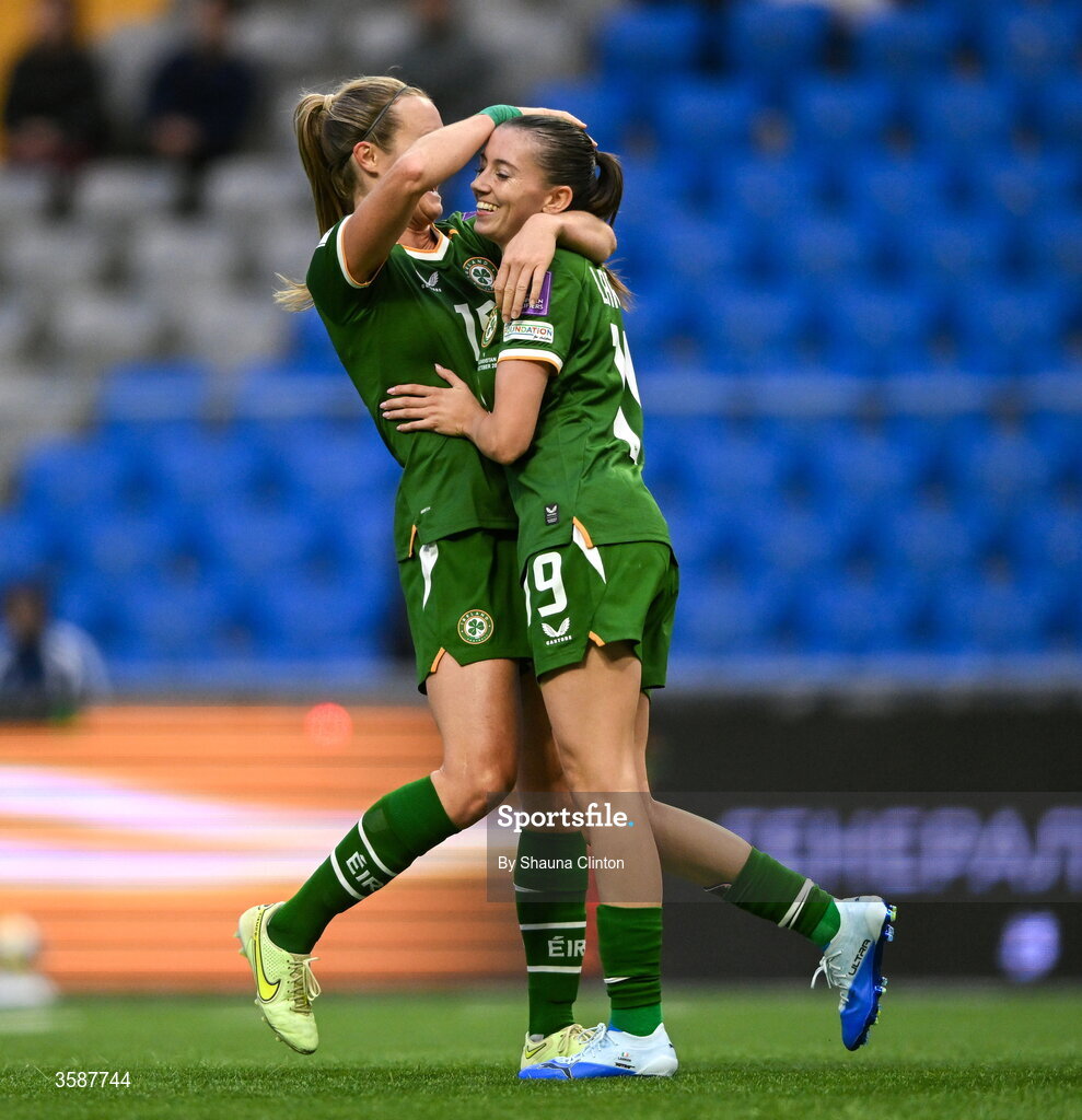 9 October 2026; Abbie Larkin of Republic of Ireland, right, celebrates with team-mate Kyra Carusa after scoring their side's fifth goal during the 2027 FIFA Women’s World Cup qualifying round 1 play-off first leg match between Kazakhstan and the Republic of Ireland at Astana Arena in Kazakhstan. Photo by Shauna Clinton/Sportsfile