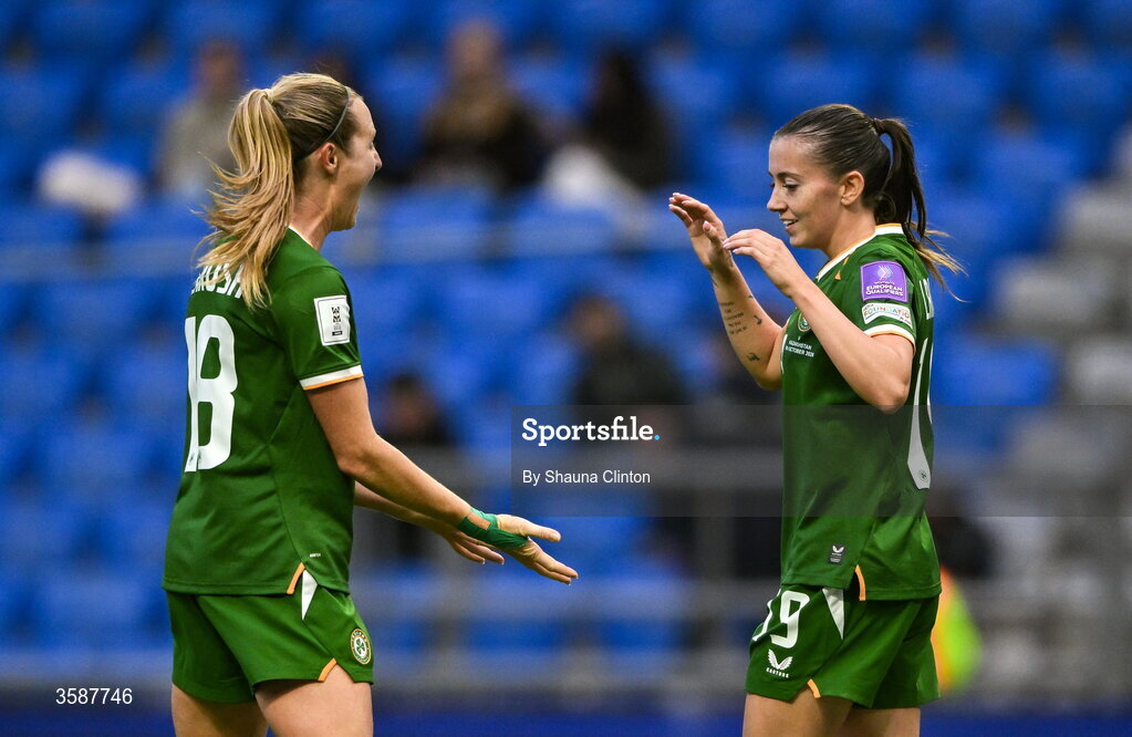 9 October 2026; Abbie Larkin of Republic of Ireland, right, celebrates with team-mate Kyra Carusa after scoring their side's fifth goal during the 2027 FIFA Women’s World Cup qualifying round 1 play-off first leg match between Kazakhstan and the Republic of Ireland at Astana Arena in Kazakhstan. Photo by Shauna Clinton/Sportsfile