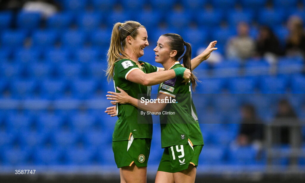 9 October 2026; Abbie Larkin of Republic of Ireland, right, celebrates with team-mate Kyra Carusa after scoring their side's fifth goal during the 2027 FIFA Women’s World Cup qualifying round 1 play-off first leg match between Kazakhstan and the Republic of Ireland at Astana Arena in Kazakhstan. Photo by Shauna Clinton/Sportsfile