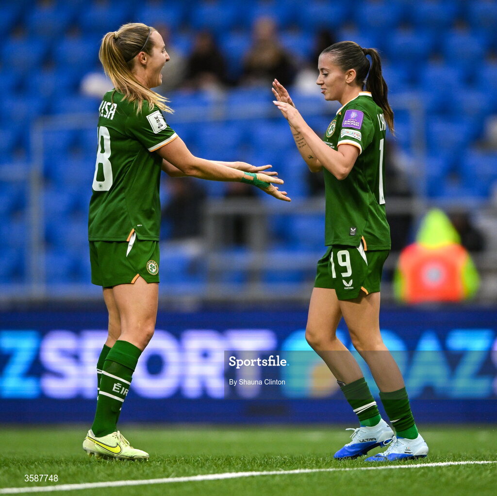 9 October 2026; Abbie Larkin of Republic of Ireland, right, celebrates with team-mate Kyra Carusa after scoring their side's fifth goal during the 2027 FIFA Women’s World Cup qualifying round 1 play-off first leg match between Kazakhstan and the Republic of Ireland at Astana Arena in Kazakhstan. Photo by Shauna Clinton/Sportsfile