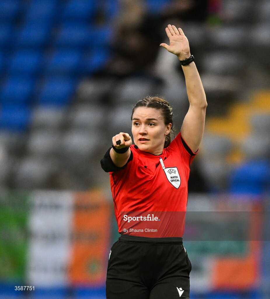 9 October 2026; Referee Karoline Marie Jensen during the 2027 FIFA Women’s World Cup qualifying round 1 play-off first leg match between Kazakhstan and the Republic of Ireland at Astana Arena in Kazakhstan. Photo by Shauna Clinton/Sportsfile