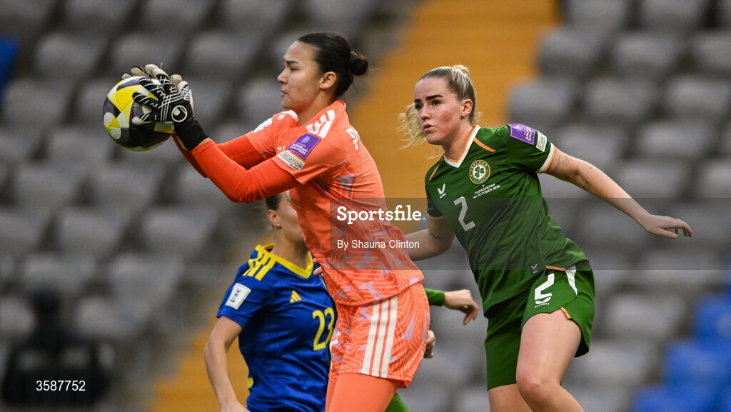 9 October 2026; Kazakhstan goalkeeper Angelina Portnova makes a save ahead of Jessie Stapleton of Republic of Ireland during the 2027 FIFA Women’s World Cup qualifying round 1 play-off first leg match between Kazakhstan and the Republic of Ireland at Astana Arena in Kazakhstan. Photo by Shauna Clinton/Sportsfile