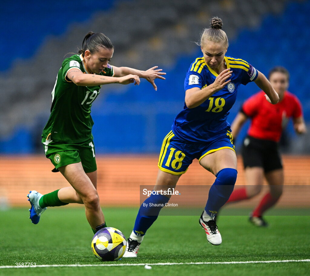 9 October 2026; Abbie Larkin of Republic of Ireland in action against Alexandra Burova of Kazakhstan during the 2027 FIFA Women’s World Cup qualifying round 1 play-off first leg match between Kazakhstan and the Republic of Ireland at Astana Arena in Kazakhstan. Photo by Shauna Clinton/Sportsfile