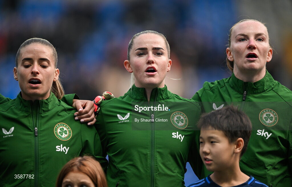 9 October 2026; Republic of Ireland players, from left, Chloe Mustaki, Jessie Stapleton and captain Courtney Brosnan before the 2027 FIFA Women’s World Cup qualifying round 1 play-off first leg match between Kazakhstan and the Republic of Ireland at Astana Arena in Kazakhstan. Photo by Shauna Clinton/Sportsfile