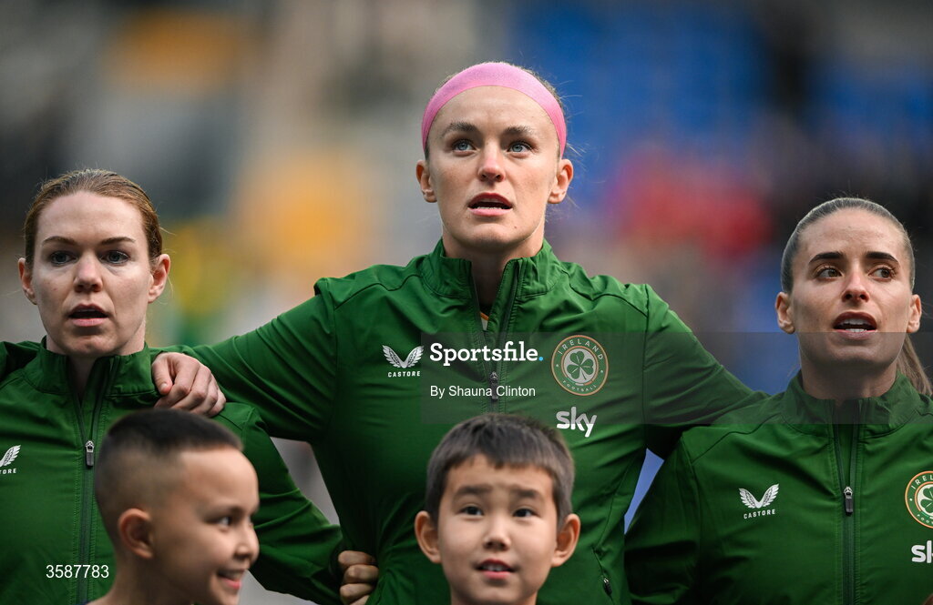 9 October 2026; Republic of Ireland players, from left, Aoife Mannion, Caitlin Hayes and Chloe Mustaki before the 2027 FIFA Women’s World Cup qualifying round 1 play-off first leg match between Kazakhstan and the Republic of Ireland at Astana Arena in Kazakhstan. Photo by Shauna Clinton/Sportsfile