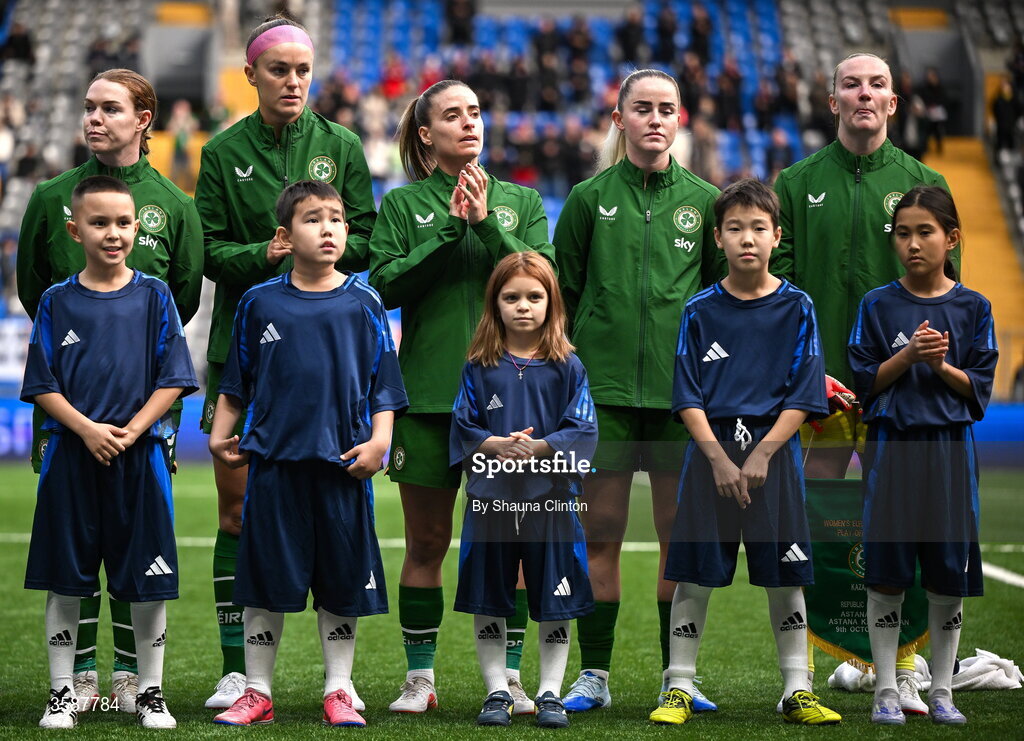 9 October 2026; Republic of Ireland players, from left, Aoife Mannion, Caitlin Hayes, Chloe Mustaki, Jessie Stapleton and captain Courtney Brosnan during the 2027 FIFA Women’s World Cup qualifying round 1 play-off first leg match between Kazakhstan and the Republic of Ireland at Astana Arena in Kazakhstan. Photo by Shauna Clinton/Sportsfile