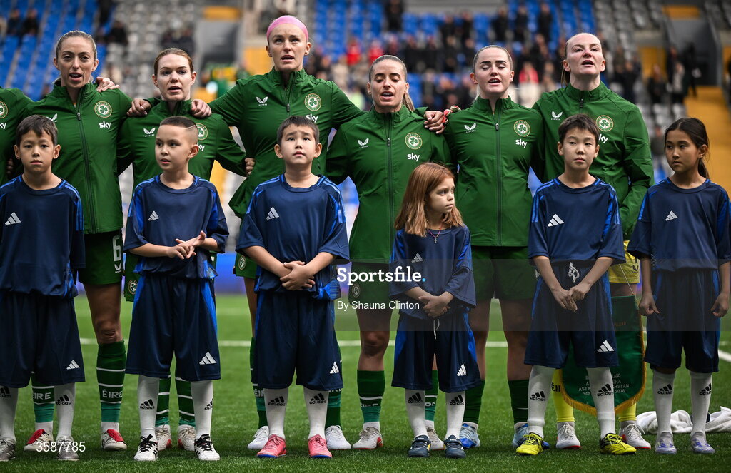 9 October 2026; Republic of Ireland players, from left, Megan Connolly, Aoife Mannion, Caitlin Hayes, Chloe Mustaki, Jessie Stapleton and captain Courtney Brosnan during the 2027 FIFA Women’s World Cup qualifying round 1 play-off first leg match between Kazakhstan and the Republic of Ireland at Astana Arena in Kazakhstan. Photo by Shauna Clinton/Sportsfile