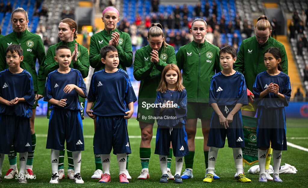 9 October 2026; Republic of Ireland players, from left, Megan Connolly, Aoife Mannion, Caitlin Hayes, Chloe Mustaki, Jessie Stapleton and captain Courtney Brosnan during the 2027 FIFA Women’s World Cup qualifying round 1 play-off first leg match between Kazakhstan and the Republic of Ireland at Astana Arena in Kazakhstan. Photo by Shauna Clinton/Sportsfile