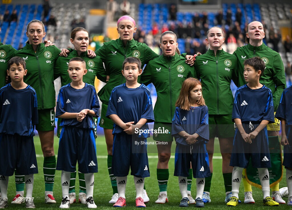 9 October 2026; Republic of Ireland players, from left, Megan Connolly, Aoife Mannion, Caitlin Hayes, Chloe Mustaki, Jessie Stapleton and captain Courtney Brosnan during the 2027 FIFA Women’s World Cup qualifying round 1 play-off first leg match between Kazakhstan and the Republic of Ireland at Astana Arena in Kazakhstan. Photo by Shauna Clinton/Sportsfile