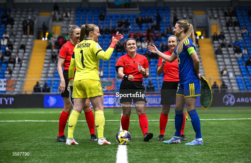 9 October 2026; Captains Courtney Brosnan of Republic of Ireland and Yulia Myasnikova of Kazakhstan with referee Karoline Marie Jensen before the 2027 FIFA Women’s World Cup qualifying round 1 play-off first leg match between Kazakhstan and the Republic of Ireland at Astana Arena in Kazakhstan. Photo by Shauna Clinton/Sportsfile