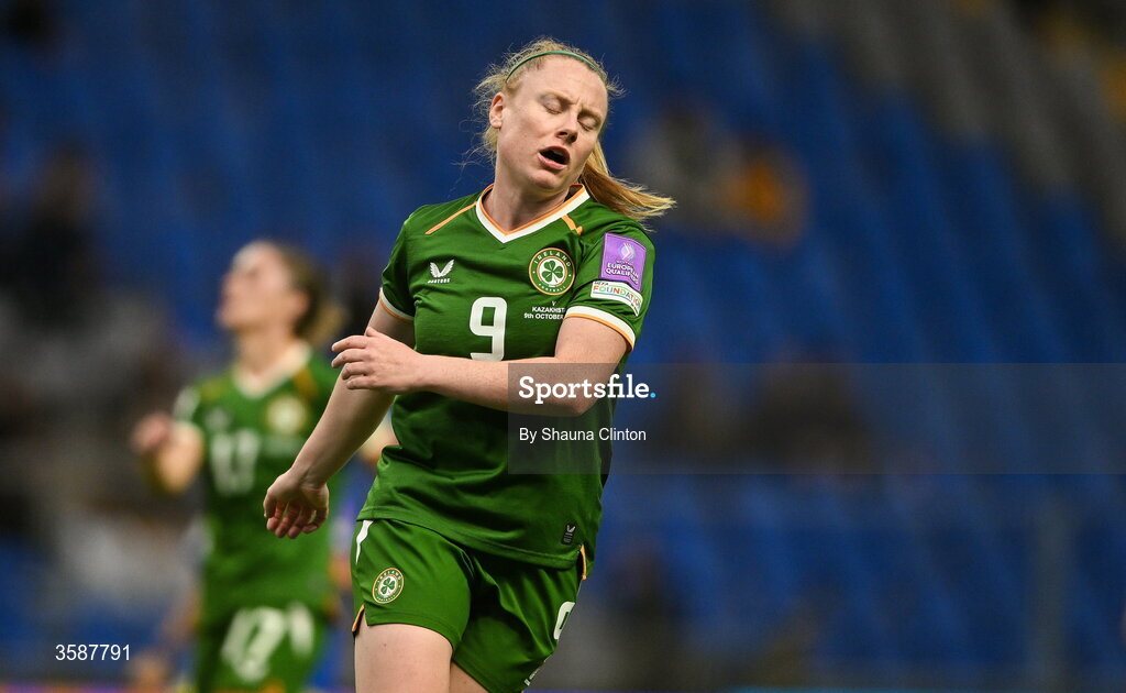9 October 2026; Amber Barrett of Republic of Ireland reacts during the 2027 FIFA Women’s World Cup qualifying round 1 play-off first leg match between Kazakhstan and the Republic of Ireland at Astana Arena in Kazakhstan. Photo by Shauna Clinton/Sportsfile